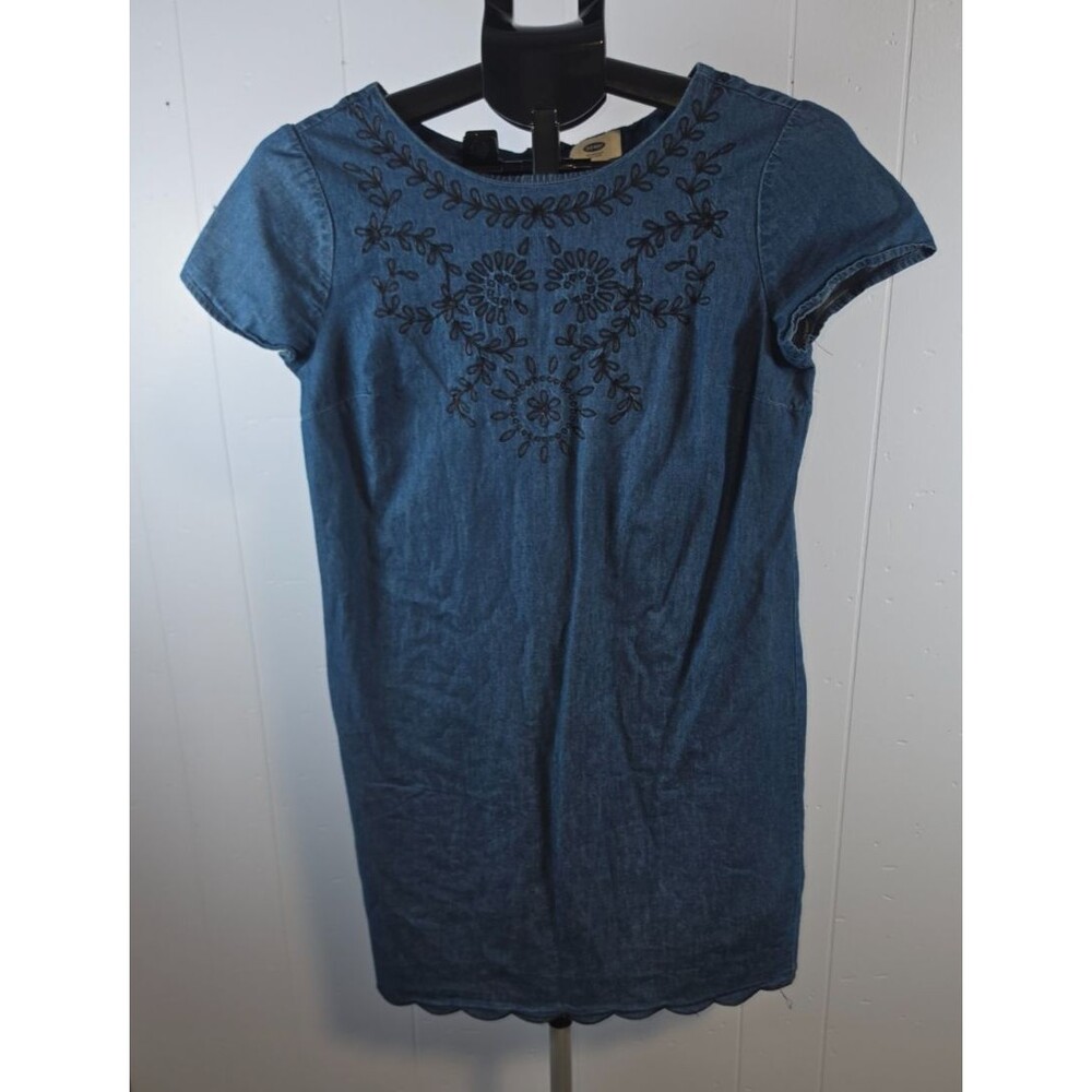 Old Navy Denim Dress Black Floral Embroidery Size XS Scallop hem